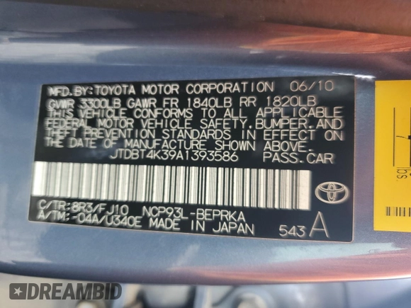2010 Toyota Yaris with VIN JTDBT4K39A1393586, listed as a Copart auction lot 52240095 with 180,235 mi miles and Clean Title. Bid and sale history available at DreamBid. Image 12.