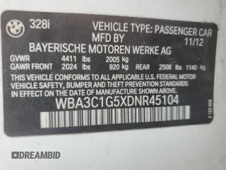2013 BMW 3 Series 328i with VIN WBA3C1G5XDNR45104, listed as a Copart auction lot 54140965 with 138,283 mi miles and Clean Title. Bid and sale history available at carsss.com. Image 12.