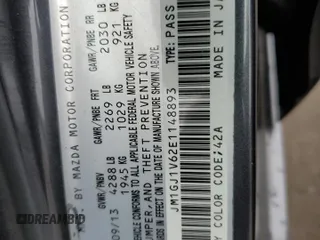 2014 Mazda 6 i Touring with VIN JM1GJ1V62E1148893, listed as a Copart auction lot 53800325 with 93,329 mi miles and Salvage Title. Bid and sale history available at DreamBid. Image 12.