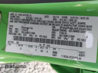 2014 Ford Fiesta SE with VIN 3FADP4BJ8EM226260, listed as a IAAI auction lot 41833140 with 188,917 mi miles and . Bid and sale history available at DreamBid. Image 9.
