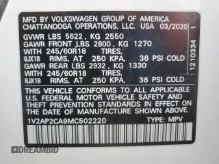 2021 Volkswagen Atlas S with VIN 1V2AP2CA9MC502220, listed as a Copart auction lot 45346035 with 65,428 mi miles and Clean title. Bid and sale history available at DreamBid. Image 13.