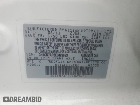 2014 Nissan Versa SV with VIN 3N1CN7AP3EL829693, listed as a Copart auction lot 55681185 with Not Provided miles and Salvage Title. Bid and sale history available at DreamBid. Image 12.