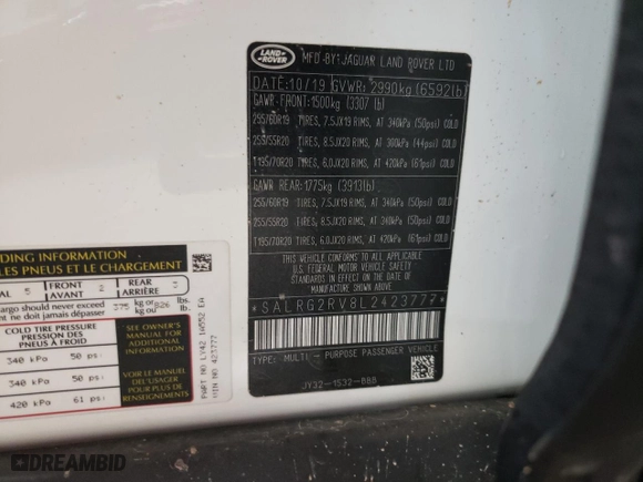 2020 Land Rover Discovery SE with VIN SALRG2RV8L2423777, listed as a Copart auction lot 42662274 with 26,303 mi miles and Salvage Title. Bid and sale history available at carsss.com. Image 12.