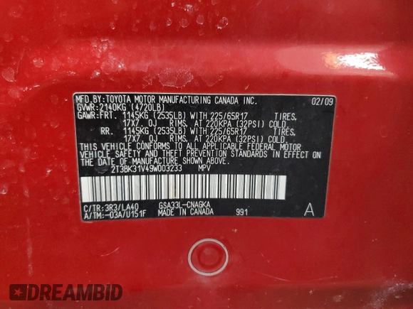 2009 Toyota RAV4 Ltd with VIN 2T3BK31V49W003233, listed as a Copart auction lot 45701085 with 415,873 mi miles and Salvage Title. Bid and sale history available at carsss.com. Image 14.