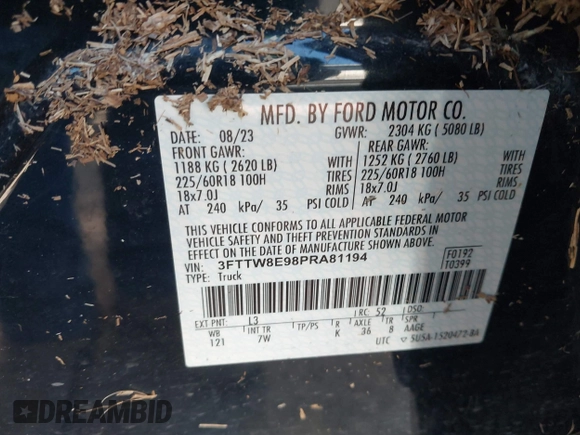 2023 Ford Maverick XL z VIN 3FTTW8E98PRA81194, wystawiony jako IAAI lot #42015071 z przebiegiem Nie podano mil oraz . Historia ofert i sprzedaży dostępna na DreamBid. Obrazek 9.
