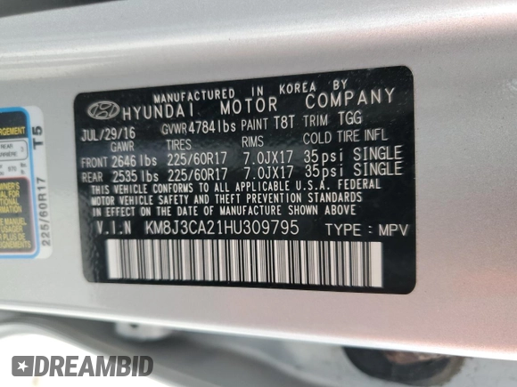2017 Hyundai Tucson Value z VIN KM8J3CA21HU309795, wystawiony jako Copart lot #54085695 z przebiegiem 63 478 mil mil oraz Szkoda całkowita • Salvage title. Historia ofert i sprzedaży dostępna na DreamBid. Obrazek 13.