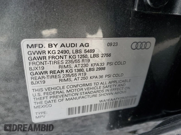2024 Audi Q5 S line Premium Plus with VIN WA1EAAFY2R2015990, listed as a Copart auction lot 50294435 with 15,310 mi miles and Non Repairable. Bid and sale history available at carsss.com. Image 14.