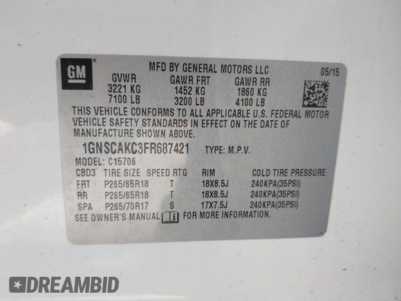 2015 Chevrolet Tahoe LS with VIN 1GNSCAKC3FR687421, listed as a IAAI auction lot 41930895 with Not provided miles and . Bid and sale history available at DreamBid. Image 9.