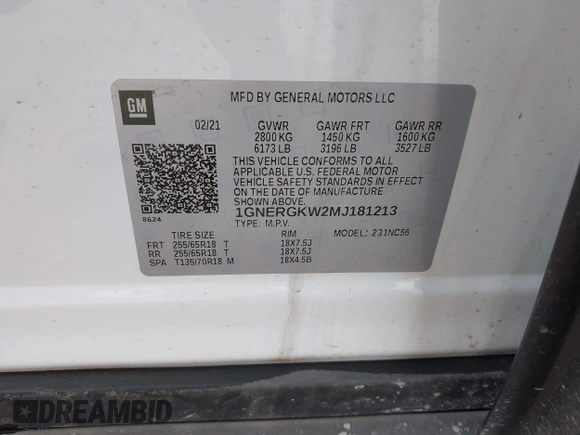 2021 Chevrolet Traverse LT Cloth with VIN 1GNERGKW2MJ181213, listed as a IAAI auction lot 41899383 with 49,642 mi miles and . Bid and sale history available at DreamBid. Image 9.