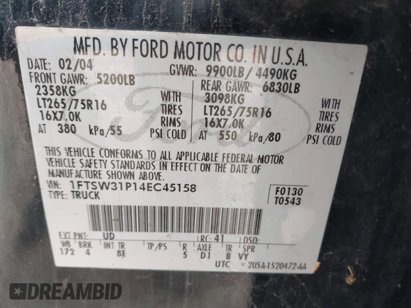 2004 Ford F-350 XL с VIN 1FTSW31P14EC45158, выставлен на аукционе IAAI как лот 41489962 с пробегом Не указан миль и . История ставок и продаж доступна на DreamBid. Изображение 9.