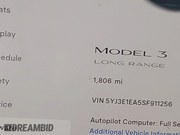 2025 Tesla Model 3 Long Range with VIN 5YJ3E1EA5SF911256, listed as a IAAI auction lot 41509976 with 1,806 mi miles. Bid and sale history available at carsss.com. Image 14.