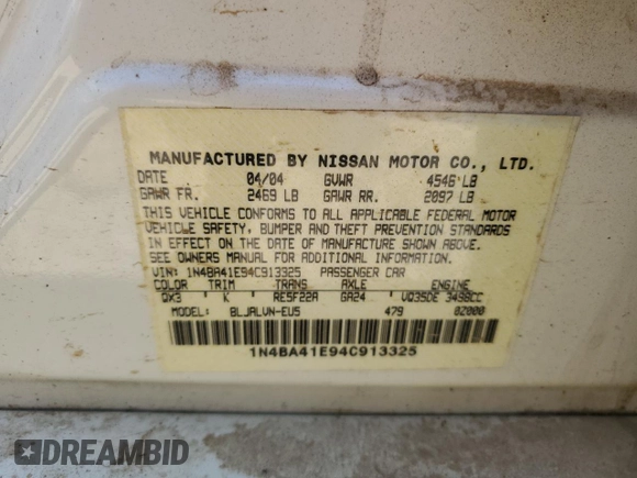 2004 Nissan Maxima SE with VIN 1N4BA41E94C913325, listed as a Copart auction lot 68877004 with 112,293 mi miles and Salvage Title. Bid and sale history available at carsss.com. Image 12.