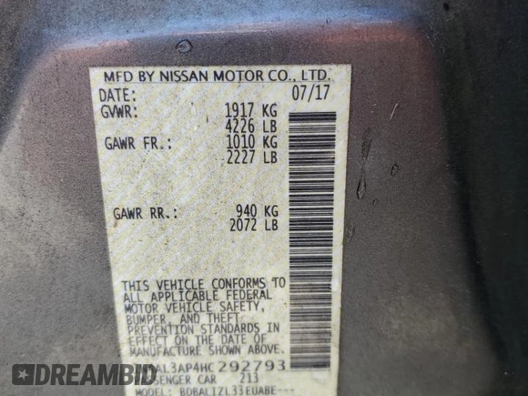 2017 Nissan Altima S with VIN 1N4AL3AP4HC292793, listed as a Copart auction lot 58202375 with 113,430 mi miles and Salvage title. Bid and sale history available at DreamBid. Image 13.