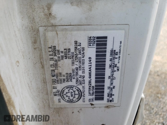 1998 Ford F-250 with VIN 1FTPX28L4WKA41149, listed as a Copart auction lot 84369654 with 430,187 mi miles and Salvage title. Bid and sale history available at DreamBid. Image 13.