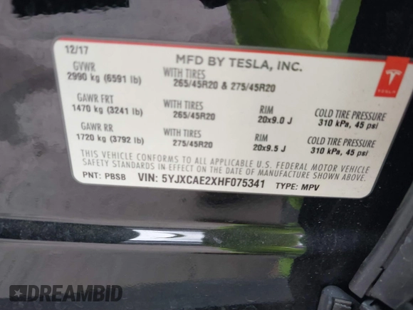 2017 Tesla Model X 90D with VIN 5YJXCAE2XHF075341, listed as a IAAI auction lot 41784008 with 77,439 mi miles and . Bid and sale history available at DreamBid. Image 9.