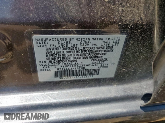 2023 Nissan Versa S with VIN 3N1CN8DV5PL852699, listed as a Copart auction lot 58822625 with 13,384 mi miles and Salvage title. Bid and sale history available at DreamBid. Image 12.