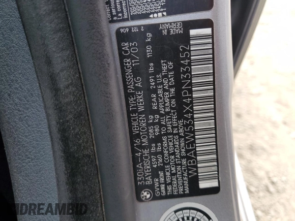 2004 BMW 3 Series 330xi with VIN WBAEW534X4PN33452, listed as a Copart auction lot 54746735 with 135,729 mi miles and Salvage title. Bid and sale history available at DreamBid. Image 12.