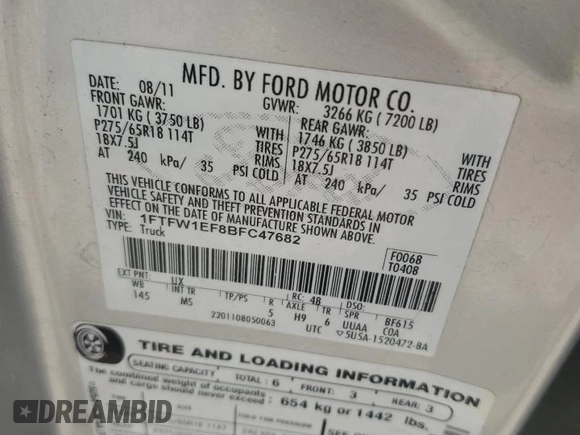 2011 Ford F-150 XL with VIN 1FTFW1EF8BFC47682, listed as a Copart auction lot 87268424 with 224,996 mi miles and Salvage Title. Bid and sale history available at carsss.com. Image 12.