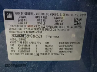 2017 Chevrolet Silverado 1500 LT with VIN 3GCUKREC5HG363503, listed as a IAAI auction lot 41833304 with 133,130 mi miles and . Bid and sale history available at DreamBid. Image 9.
