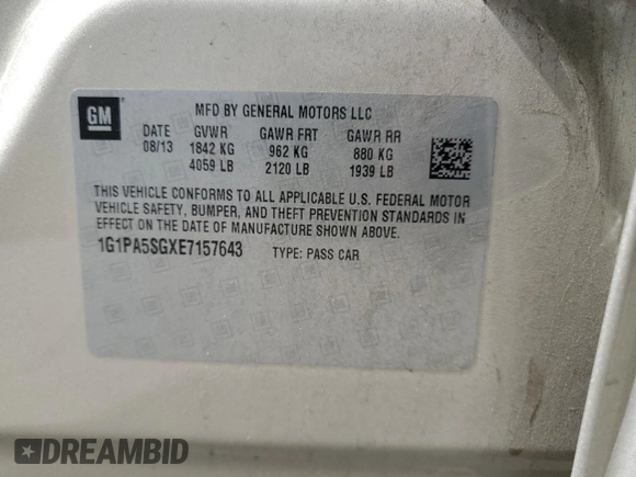 2014 Chevrolet Cruze LS with VIN 1G1PA5SGXE7157643, listed as a Copart auction lot 50549405 with 85,019 mi miles and Salvage Title. Bid and sale history available at carsss.com. Image 13.