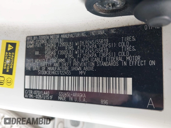 2012 Toyota Highlander Limited with VIN 5TDDK3EH6CS122455, listed as a IAAI auction lot 41824335 with 154,149 mi miles. Bid and sale history available at carsss.com. Image 9.