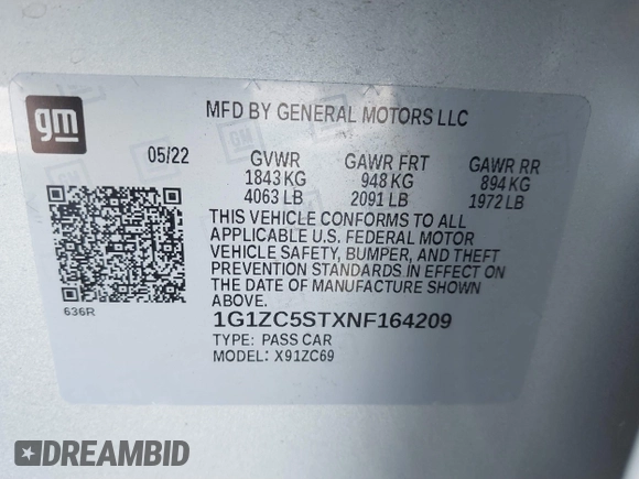 2022 Chevrolet Malibu LS with VIN 1G1ZC5STXNF164209, listed as a IAAI auction lot 41426299 with 57,171 mi miles and . Bid and sale history available at DreamBid. Image 9.