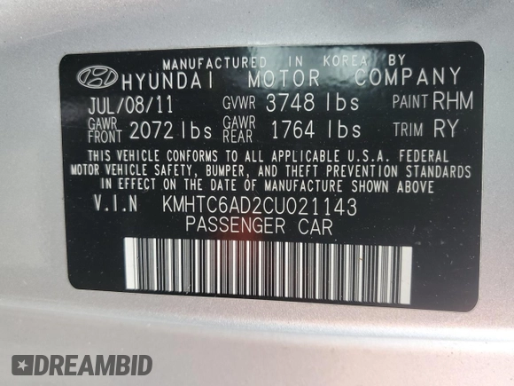 2012 Hyundai Veloster w/Red Int with VIN KMHTC6AD2CU021143, listed as a Copart auction lot 44055345 with Not provided miles and Clean title. Bid and sale history available at DreamBid. Image 12.