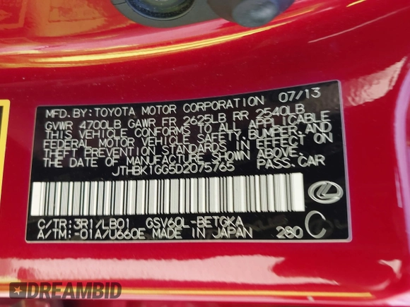 2013 Lexus ES 4dr Sdn with VIN JTHBK1GG5D2075765, listed as a IAAI auction lot 41907575 with Not Provided miles. Bid and sale history available at carsss.com. Image 9.