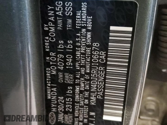 2024 Hyundai Elantra Limited с VIN KMHLN4DJ5RU106678, выставлен на аукционе Copart как лот 53912955 с пробегом 13 453 миль миль и Списание • Salvage title. История ставок и продаж доступна на DreamBid. Изображение 12.