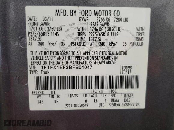 2011 Ford F-150 XL with VIN 1FTFX1EF2BFB01047, listed as a Copart auction lot 52690575 with 159,294 mi miles and Salvage Title. Bid and sale history available at carsss.com. Image 12.