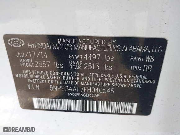 2015 Hyundai Sonata 2.4L Sport with VIN 5NPE34AF7FH040546, listed as a IAAI auction lot 41727185 with 56,294 mi miles. Bid and sale history available at carsss.com. Image 9.