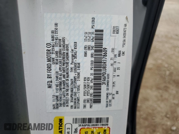 2013 Ford Fusion SE Hybrid with VIN 3FA6P0LU8DR178609, listed as a Copart auction lot 54911025 with 184,795 mi miles and Clean Title. Bid and sale history available at carsss.com. Image 12.