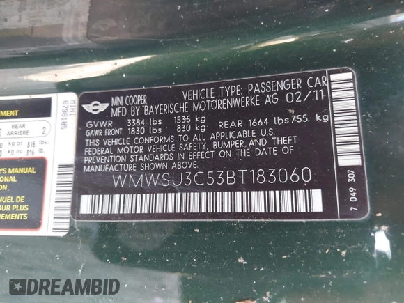 2011 MINI Hardtop with VIN WMWSU3C53BT183060, listed as a IAAI auction lot 42564309 with 160,145 mi miles and . Bid and sale history available at DreamBid. Image 9.
