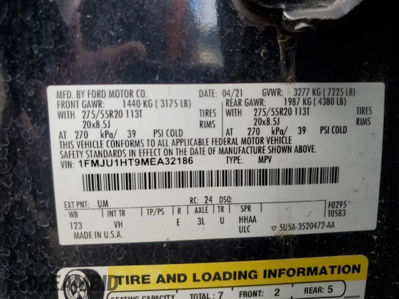 2021 Ford Expedition XLT with VIN 1FMJU1HT9MEA32186, listed as a Copart auction lot 59351615 with 109,205 mi miles and Salvage title. Bid and sale history available at DreamBid. Image 14.