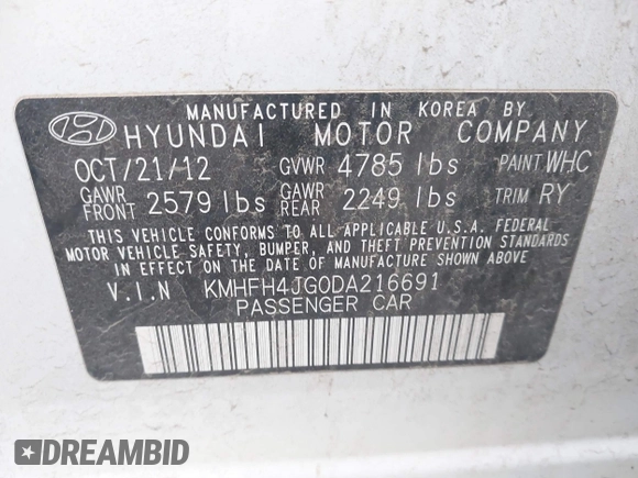 2013 Hyundai Azera with VIN KMHFH4JG0DA216691, listed as a IAAI auction lot 41704694 with 200,228 mi miles and . Bid and sale history available at DreamBid. Image 9.