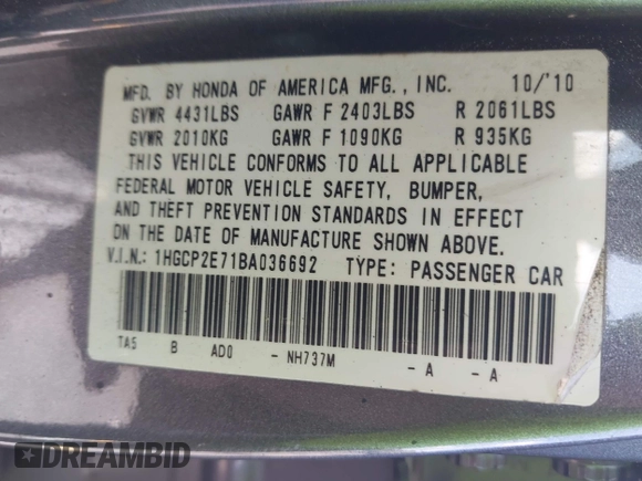 2011 Honda Accord EX with VIN 1HGCP2E71BA036692, listed as a IAAI auction lot 41942166 with 189,235 mi miles and . Bid and sale history available at DreamBid. Image 9.