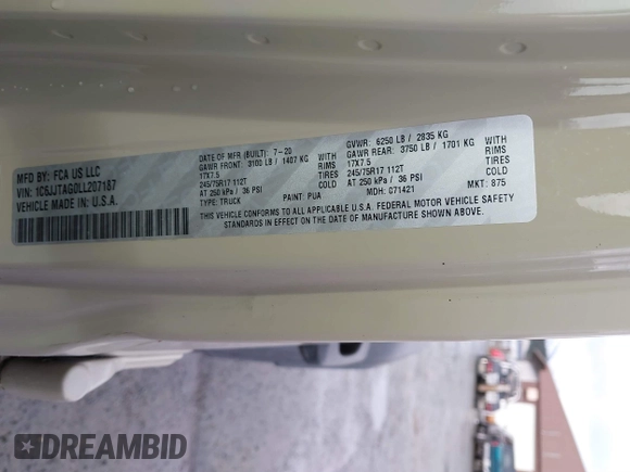 2020 Jeep Gladiator Sport S с VIN 1C6JJTAG0LL207187, выставлен на аукционе IAAI как лот 41559361 с пробегом 36 236 миль миль и . История ставок и продаж доступна на DreamBid. Изображение 9.
