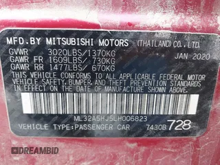 2020 Mitsubishi Mirage LE with VIN ML32A5HJ5LH006823, listed as a IAAI auction lot 41617987 with 186,848 mi miles and . Bid and sale history available at DreamBid. Image 9.