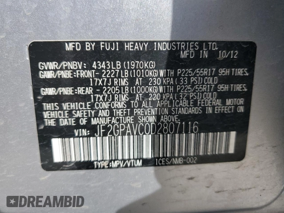 2013 Subaru Crosstrek Premium with VIN JF2GPAVC0D2807116, listed as a Copart auction lot 58535035 with 126,513 mi miles and Salvage title. Bid and sale history available at DreamBid. Image 14.