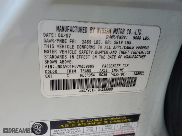 2007 Infiniti M35 x with VIN JNKAY01F07M459689, listed as a Copart auction lot 87395644 with NaN miles and Salvage Title. Bid and sale history available at carsss.com. Image 12.