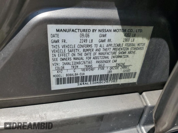 2006 Nissan Altima 2.5 S with VIN 1N4AL11DX6C267565, listed as a Copart auction lot 52317295 with 170,595 mi miles and Salvage Title. Bid and sale history available at carsss.com. Image 13.
