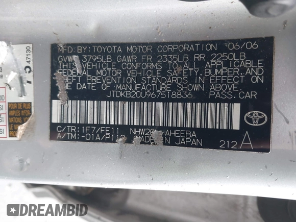 2006 Toyota Prius with VIN JTDKB20U967518836, listed as a IAAI auction lot 41602066 with Not Provided miles. Bid and sale history available at carsss.com. Image 9.