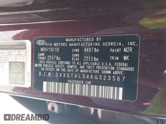 2019 Kia Optima LX with VIN 5XXGT4L34KG323567, listed as a IAAI auction lot 41770143 with 67,910 mi miles. Bid and sale history available at carsss.com. Image 9.