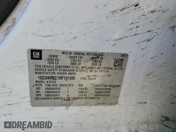 2017 Chevrolet Silverado 1500 LT with VIN 1GCUKREC1HF191908, listed as a Copart auction lot 42189435 with 149,860 mi miles and Salvage Title. Bid and sale history available at DreamBid. Image 12.