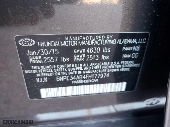 2015 Hyundai Sonata 2.0T Limited with VIN 5NPE34AB4FH177974, listed as a Copart auction lot 82523504 with 103,486 mi miles and Clean Title. Bid and sale history available at carsss.com. Image 12.