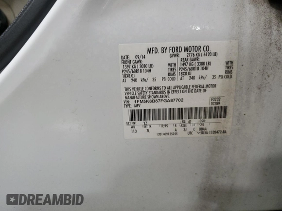 2015 Ford Explorer with VIN 1FM5K8B87FGA87702, listed as a Copart auction lot 51966235 with 131,940 mi miles and Salvage title. Bid and sale history available at DreamBid. Image 13.