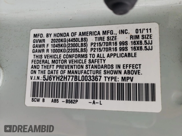 2011 Honda Element EX with VIN 5J6YH2H77BL003367, listed as a Copart auction lot 52401305 with 215,346 mi miles and Clean Title. Bid and sale history available at DreamBid. Image 13.