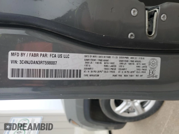 2024 Jeep Compass Sport с VIN 3C4NJDAN3RT598007, выставлен на аукционе Copart как лот 60638835 с пробегом 45 677 миль миль и Чистый • Clean title. История ставок и продаж доступна на DreamBid. Изображение 13.