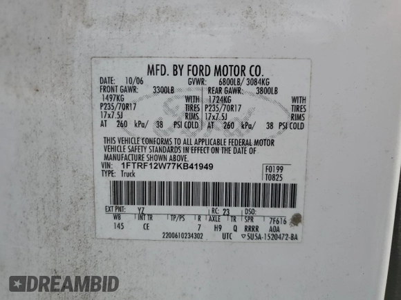 2007 Ford F-150 XL с VIN 1FTRF12W77KB41949, выставлен на аукционе Copart как лот 63021605 с пробегом 383 514 миль миль и Списание • Salvage title. История ставок и продаж доступна на DreamBid. Изображение 12.