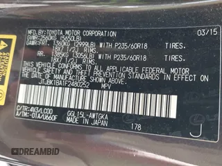 2015 Lexus RX 350 with VIN JTJBK1BA1F2480252, listed as a IAAI auction lot 42295894 with 92,917 mi miles and . Bid and sale history available at DreamBid. Image 9.